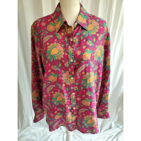 Lauren Ralph Lauren 100% Silk Womens 2XL Pink Green Paisley Button Up Shirt Art - Picture 2 of 13